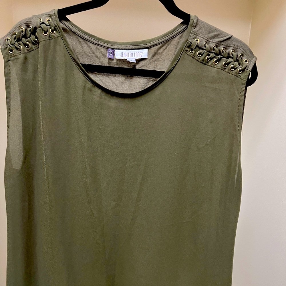 Olive green, sheer front sleeveless top. Size XL.